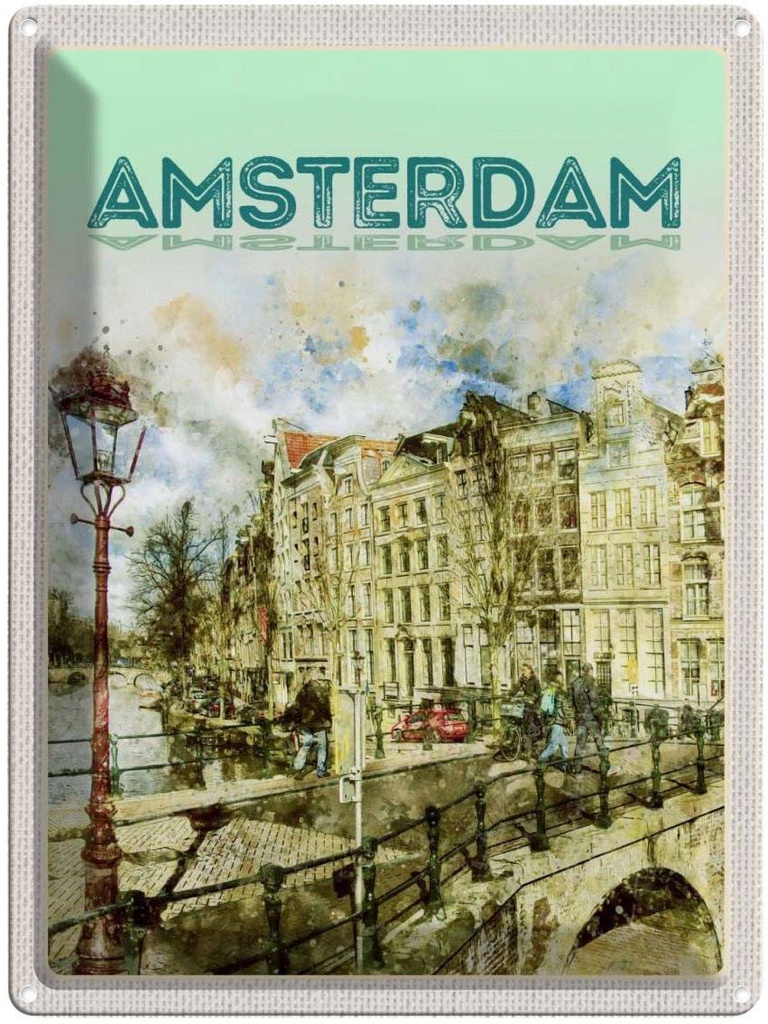 Blechschild 40x30 cm Vintage Kunst Amsterdam Bildmotiv Reisemotiv Abenteuer Reisen Straße Stadt Urlaub