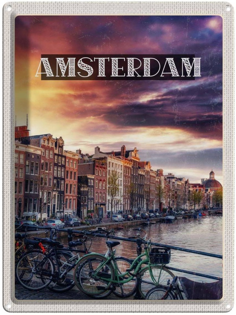 Blechschild 40x30 cm Amsterdam Sonnenuntergang Bildmotiv Reisemotiv Abenteuer Reisen Straße Stadt Urlaub
