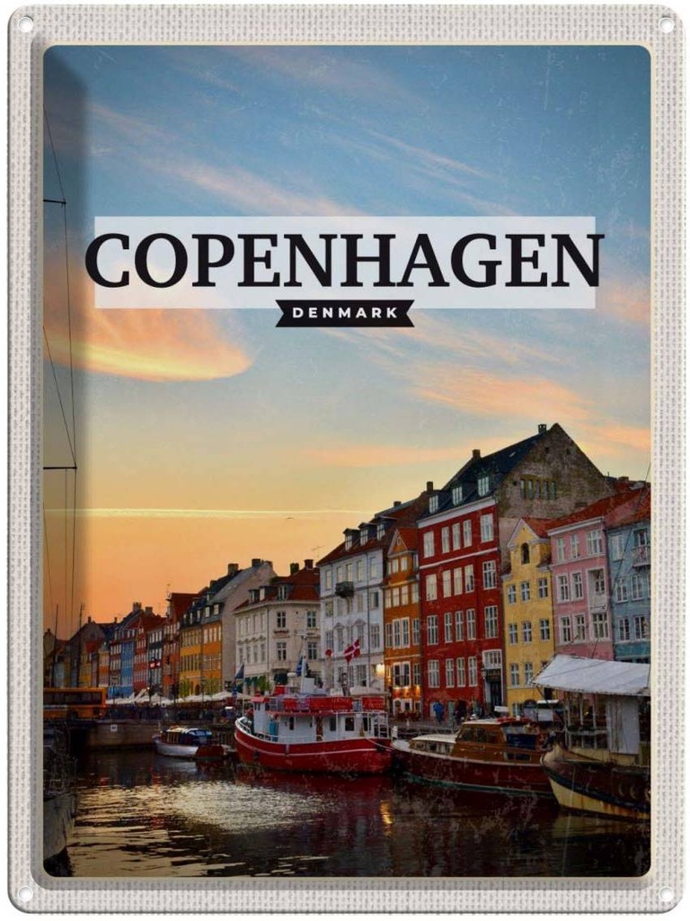 Blechschild 40x30 cm Copenhagen Denmark Sonnenuntergang Bildmotiv Reisemotiv Abenteuer Reisen Europa Urlaub