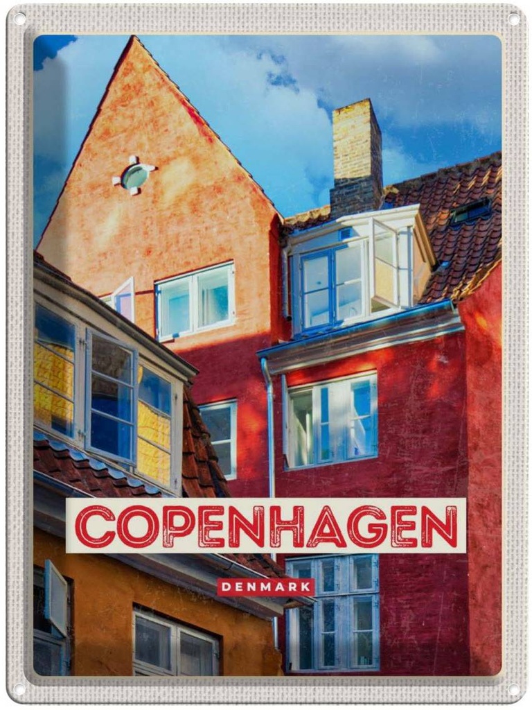 Blechschild 40x30 cm Copenhagen Denmark Urlaub altes Haus Bildmotiv Reisemotiv Abenteuer Reisen Straße Stadt