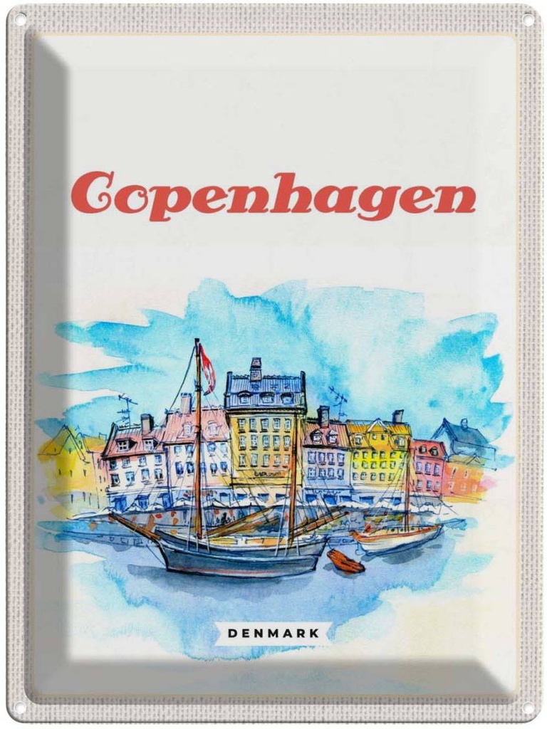 Blechschild 40x30 cm Bild Copenhagen Urlaub Denmark Boot Bildmotiv Reisemotiv Abenteuer Reisen Straße Stadt