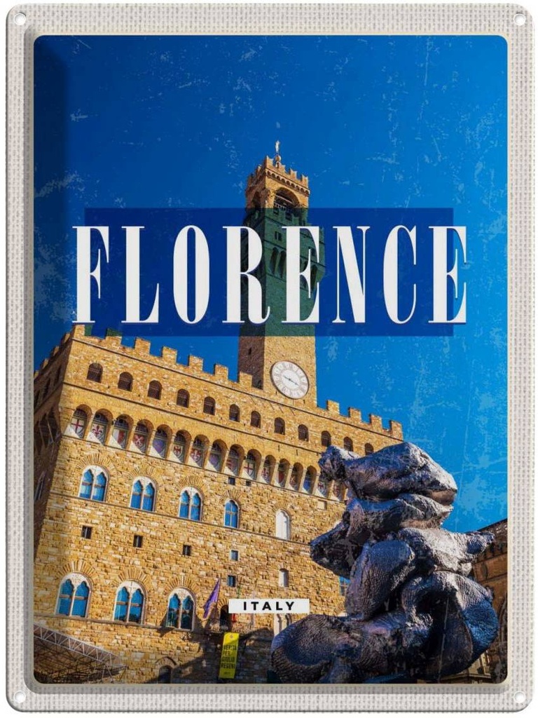 Blechschild 40x30 cm Florence Italy Urlaub Retro Uhrturm Toscana Bildmotiv Reisemotiv Abenteuer Reisen Europa