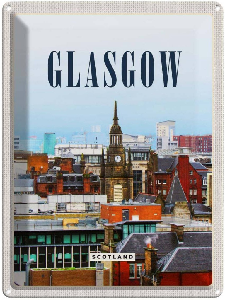 Blechschild 40x30 cm Glasgow Scotland Altstadt Bildmotiv Reisemotiv Abenteuer Reisen Straße Stadt Urlaub