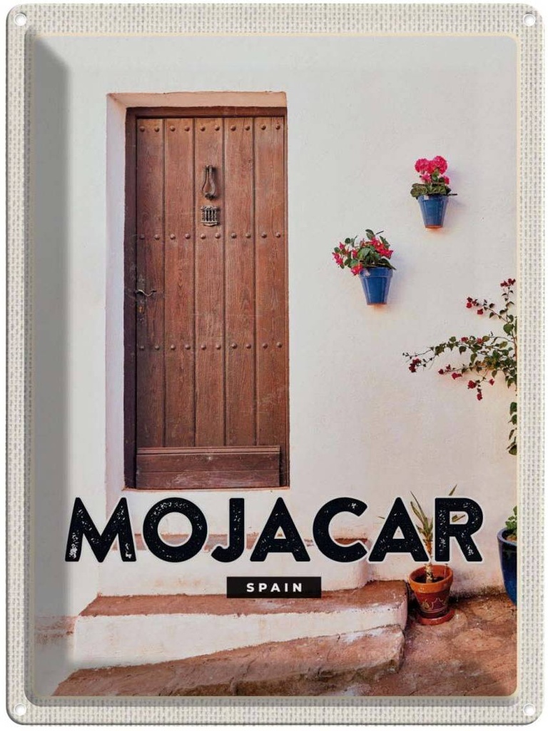 Blechschild 40x30 cm Mojacar Spain Urlaub Spanien Hozltür Bildmotiv Reisemotiv Abenteuer Reisen Straße Stadt
