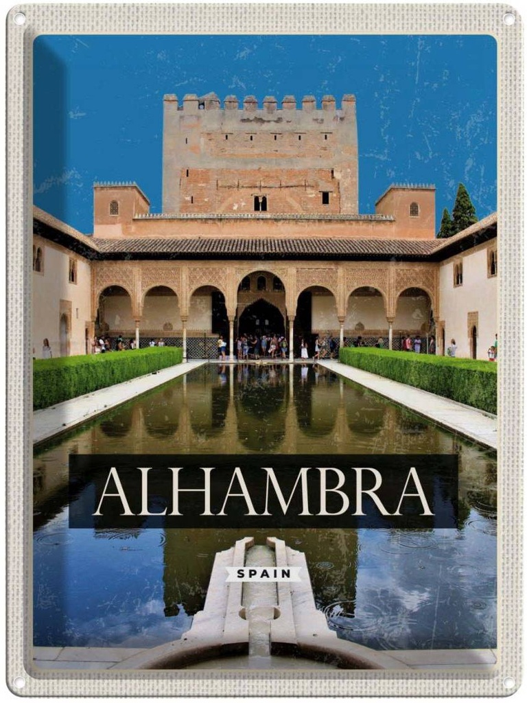 Blechschild 40x30 cm Retro Alhambra Urlaub Spain Spanien Bildmotiv Reisemotiv Abenteuer Reisen Straße Stadt