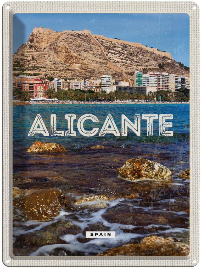Blechschild 40x30 cm Aligante Spain Urlaub Spanien Meer Bildmotiv Reisemotiv Abenteuer Reisen Straße Stadt