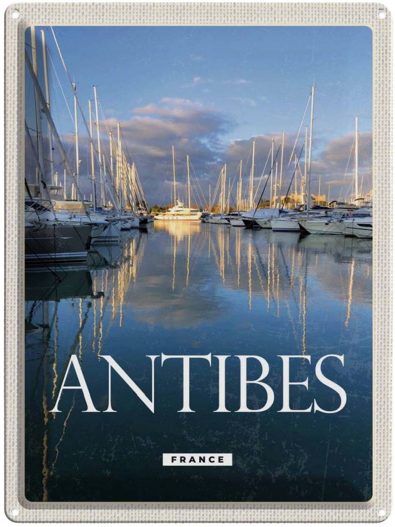 Blechschild 40x30 cm Retro Antibes Urlaub France Jachten Meer Bildmotiv Reisemotiv Abenteuer Reisen Europa