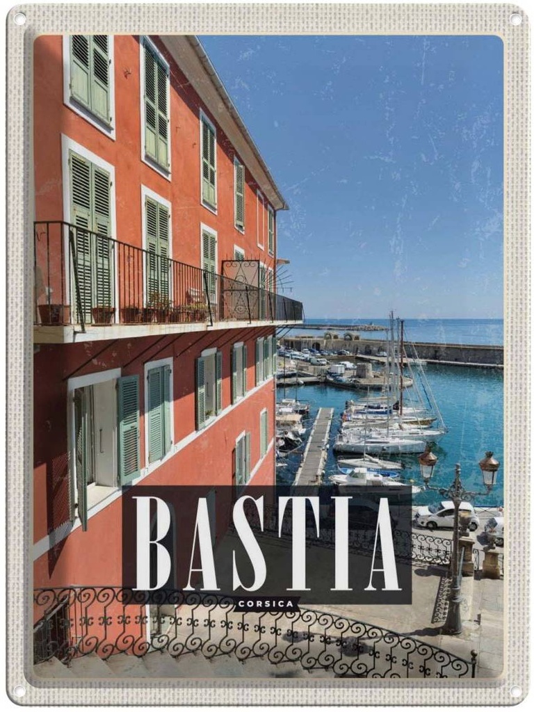 Blechschild 40x30 cm Retro Bastia Urlaub Corsica Jachten Meer Bildmotiv Reisemotiv Abenteuer Reisen Europa