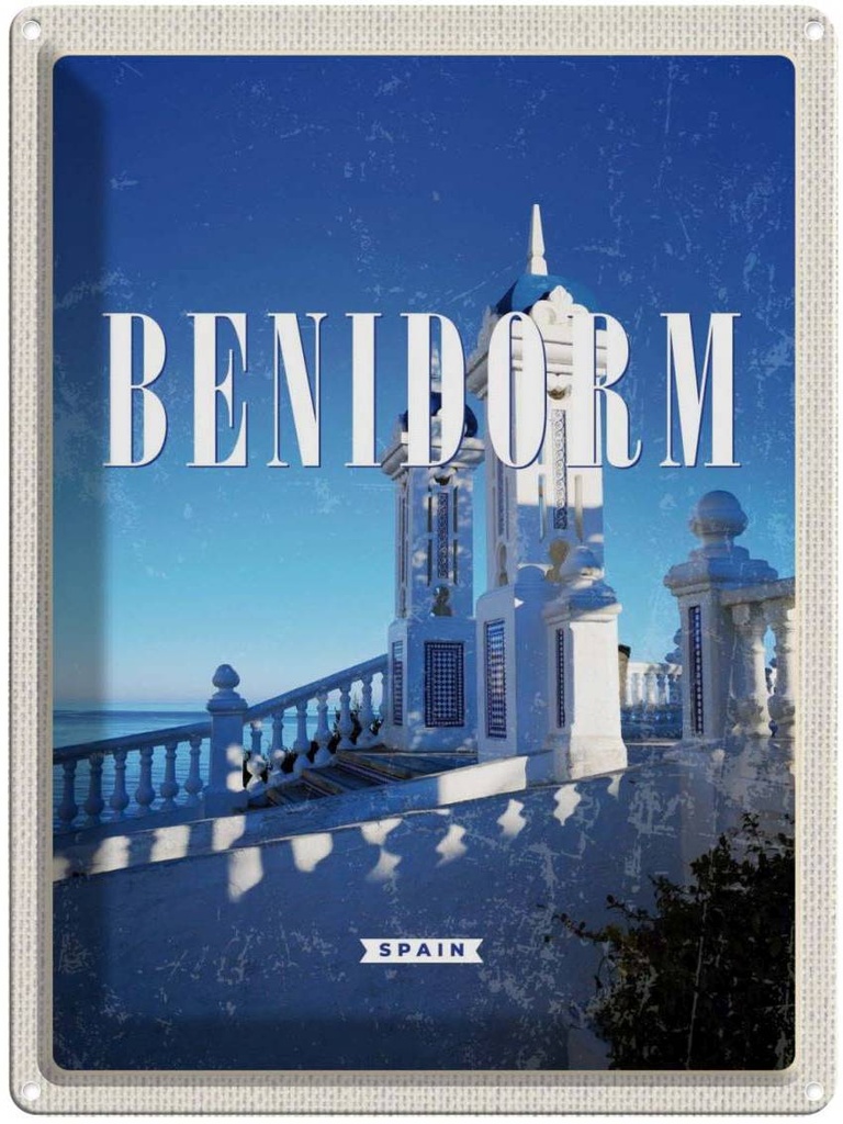 Blechschild 40x30 cm Retro Benidorm Urlaub Spain Spanien Badeort Bildmotiv Reisemotiv Abenteuer Reisen Europa