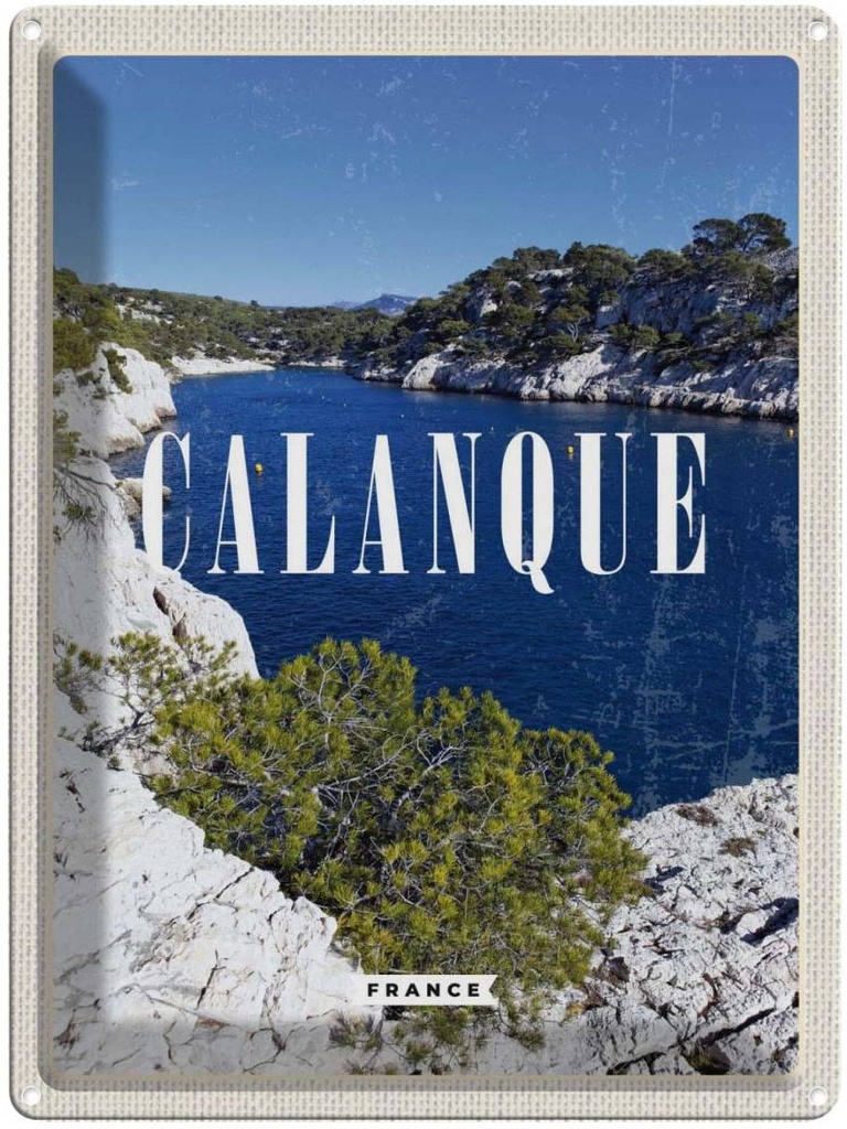 Blechschild 40x30 cm Retro calanque Europa Urlaub France Meer Berge Natur Bildmotiv Reisemotiv Abenteuer Reisen