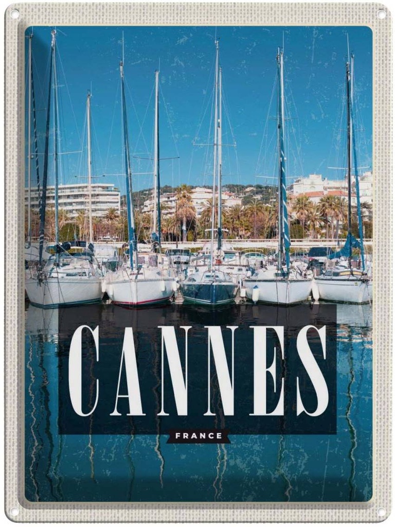 Blechschild 40x30 cm Retro Cannes Urlaub France MeerJacht Bildmotiv Reisemotiv Abenteuer Reisen Straße Stadt