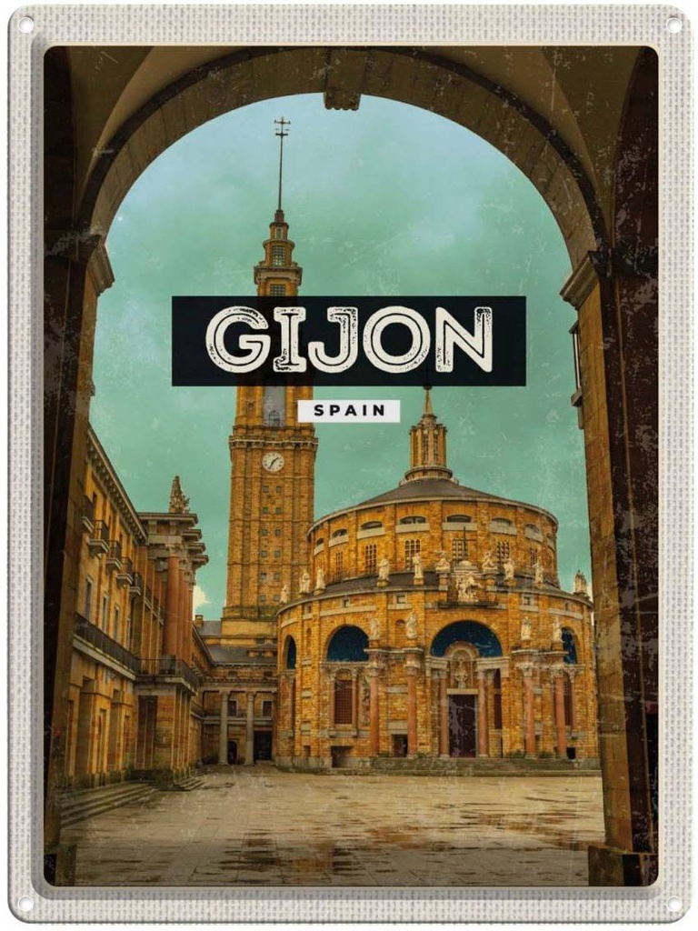 Blechschild 40x30 cm Retro Gijon Urlaub Spain Universidad Laboral Bildmotiv Reisemotiv Abenteuer Reisen Europa