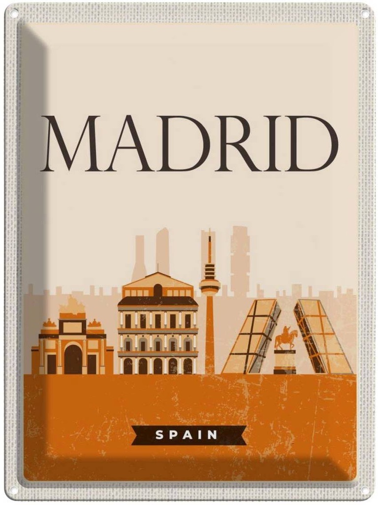 Blechschild 40x30 cm Retro Madrid Urlaub Spain malerisches Bild Bildmotiv Reisemotiv Abenteuer Reisen Europa