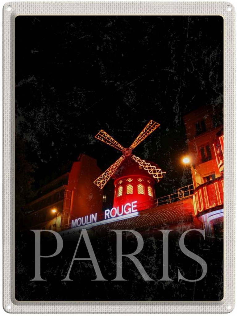 Blechschild 40x30 cm Moulin Rouge Urlaub Paris Varieté Bildmotiv Reisemotiv Abenteuer Reisen Straße Stadt