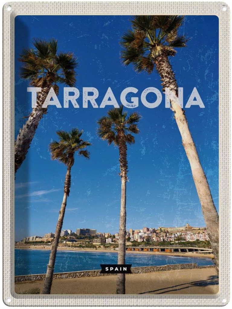 Blechschild 40x30 cm Tarragona Spanien Urlaub Palmen mit Meerblick Bildmotiv Reisemotiv Abenteuer Reisen Europa