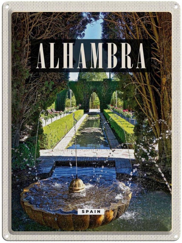 Blechschild 40x30 cm Alhambra Spain Urlaub Spanien Natur Bildmotiv Reisemotiv Abenteuer Reisen Straße Stadt