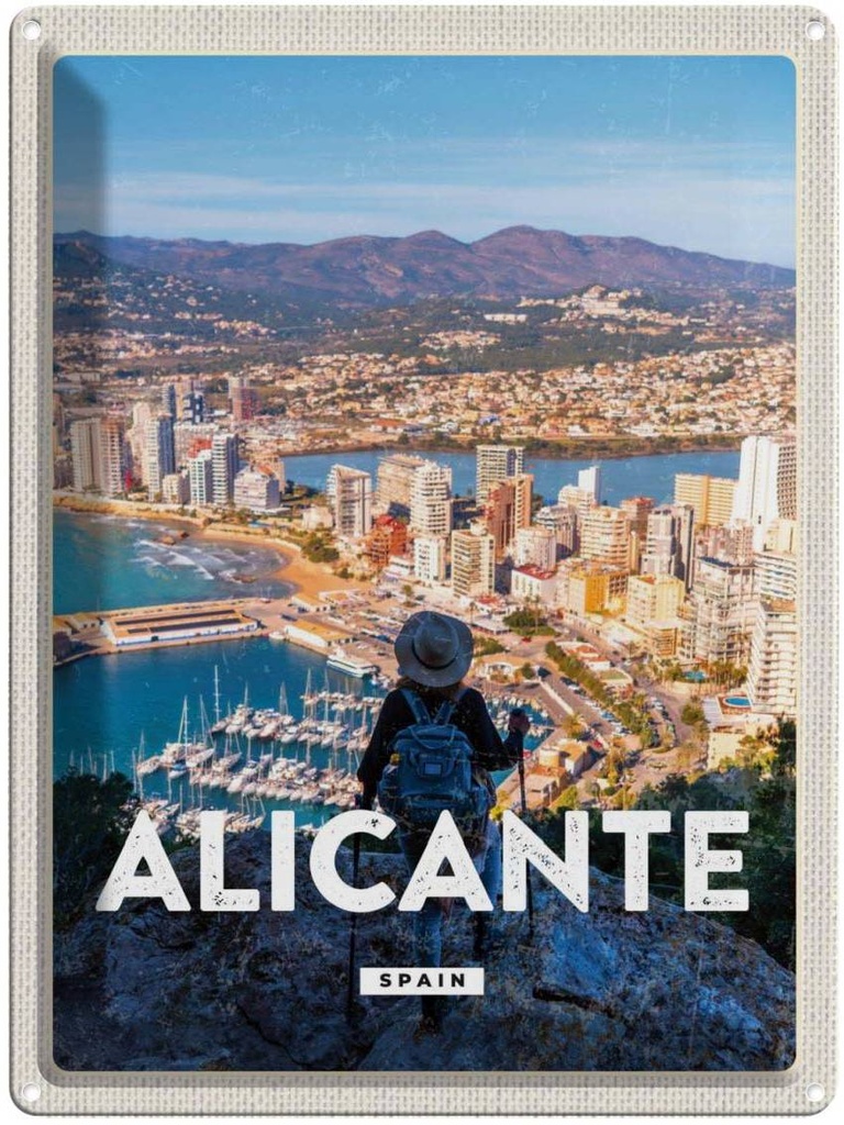 Blechschild 40x30 cm Alicante Spain Urlaub Panorama Bild Bildmotiv Reisemotiv Abenteuer Reisen Straße Stadt