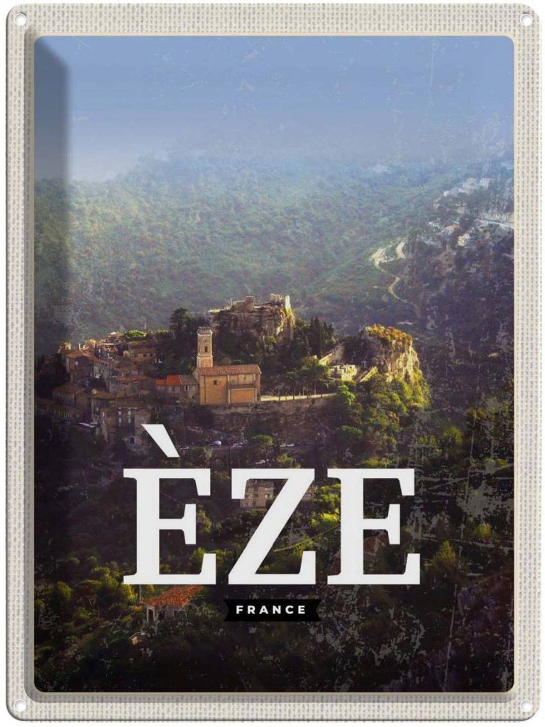 Blechschild 40x30 cm Eze France Urlaub schönste Panorama Bildmotiv Reisemotiv Abenteuer Reisen Straße Stadt