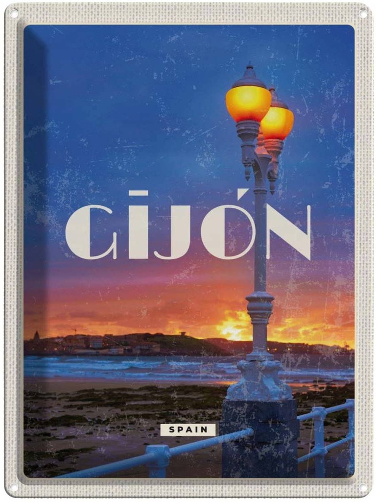 Blechschild 40x30 cm Gijon Spain Urlaub Sonnenuntergang Meer Bildmotiv Reisemotiv Essen Trinken Abenteuer Reisen