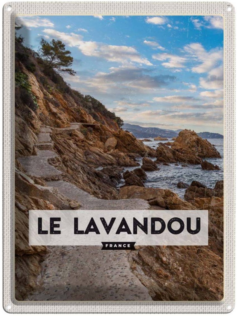 Blechschild 40x30 cm Le Lavandou France Berge Meer Bildmotiv Reisemotiv Abenteuer Reisen Urlaub