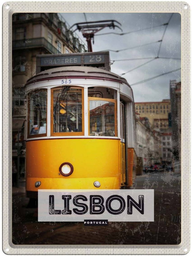 Blechschild 40x30 cm Lisbon Portugal Urlaub Straßenbahn 28 Bildmotiv Reisemotiv Abenteuer Reisen Straße Stadt
