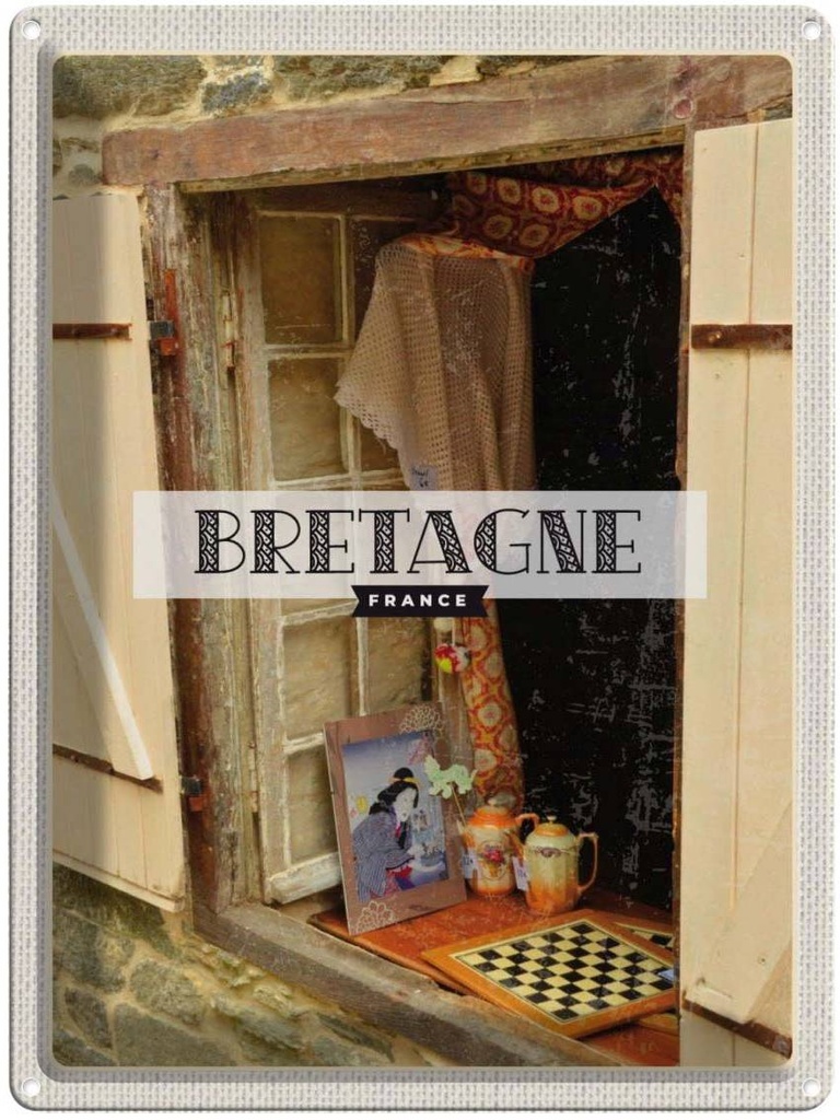 Blechschild 40x30 cm Bretagne France Urlaub Retro Kunst Bildmotiv Reisemotiv Abenteuer Reisen Straße Stadt