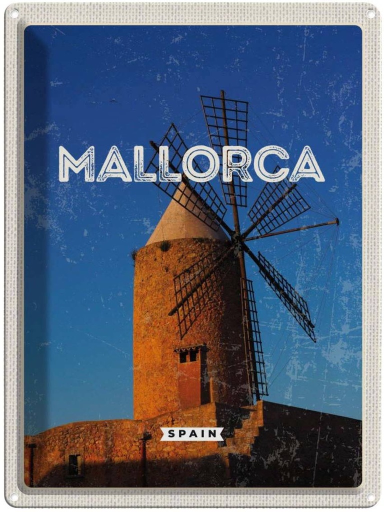 Blechschild 40x30 cm Mallorca Spain Retro Windmühle Bildmotiv Reisemotiv Abenteuer Reisen Urlaub
