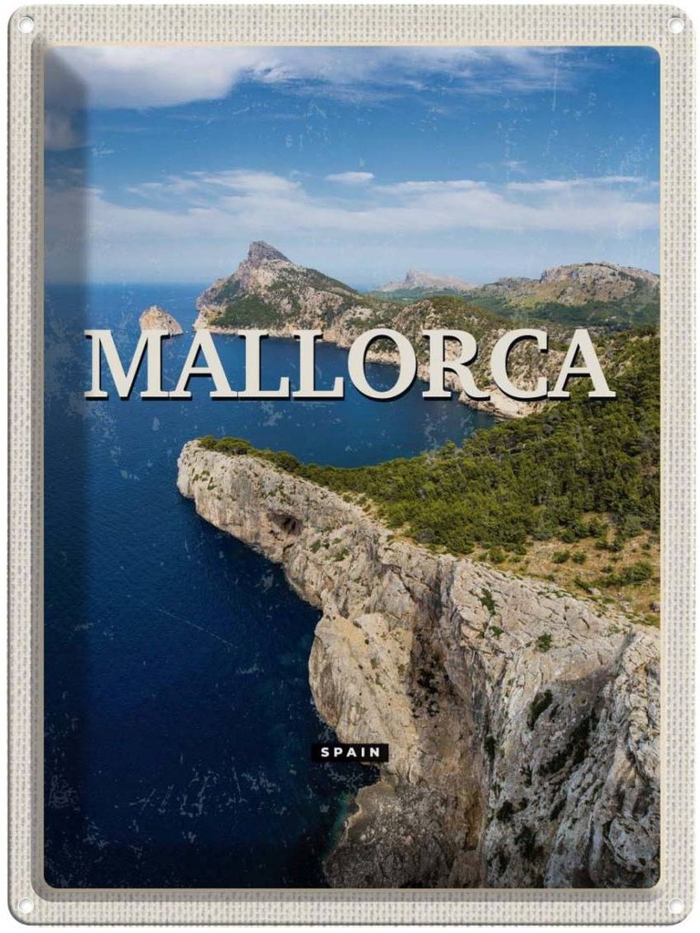 Blechschild 40x30 cm Mallorca Spain Urlaub Meer Berge Retro Bildmotiv Reisemotiv Abenteuer Reisen Europa