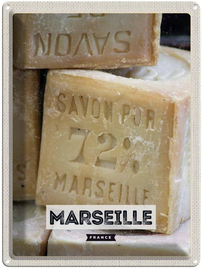 Blechschild 40x30 cm Marseille France Stadt Urlaub Savon pur 72% Bildmotiv Reisemotiv Abenteuer Reisen Straße