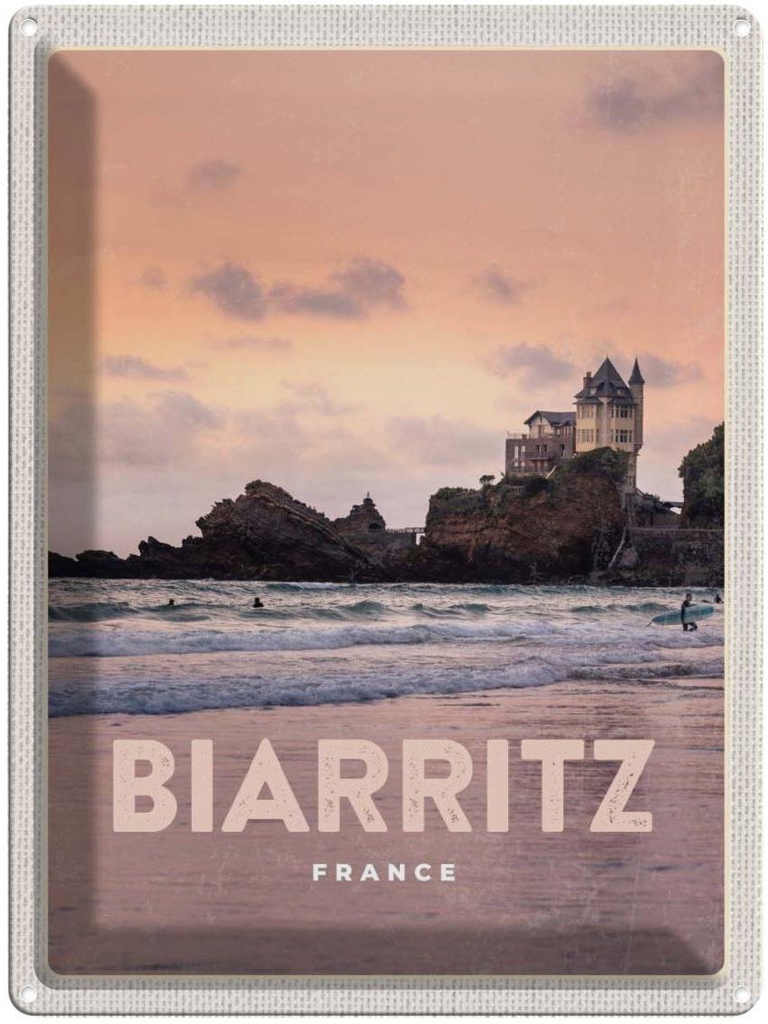 Blechschild 40x30 cm Biarritz France Sonnenuntergang Bildmotiv Reisemotiv Abenteuer Reisen Urlaub