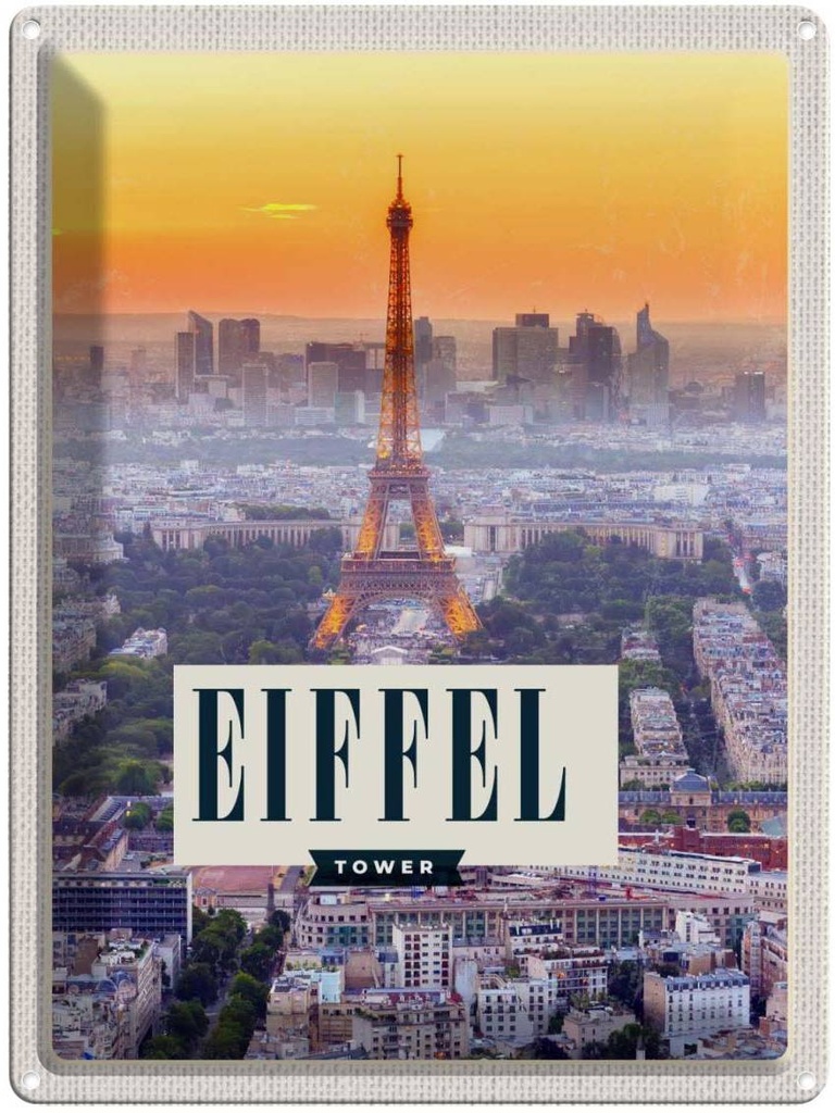 Blechschild 40x30 cm Eiffel tower Sonnenuntergang Stadt Bildmotiv Reisemotiv Abenteuer Reisen Europa Urlaub