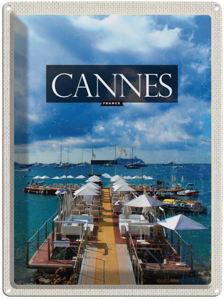 Blechschild 40x30 cm Cannes FranceRetro Bildmotiv Reisemotiv Abenteuer Reisen Straße Stadt Urlaub