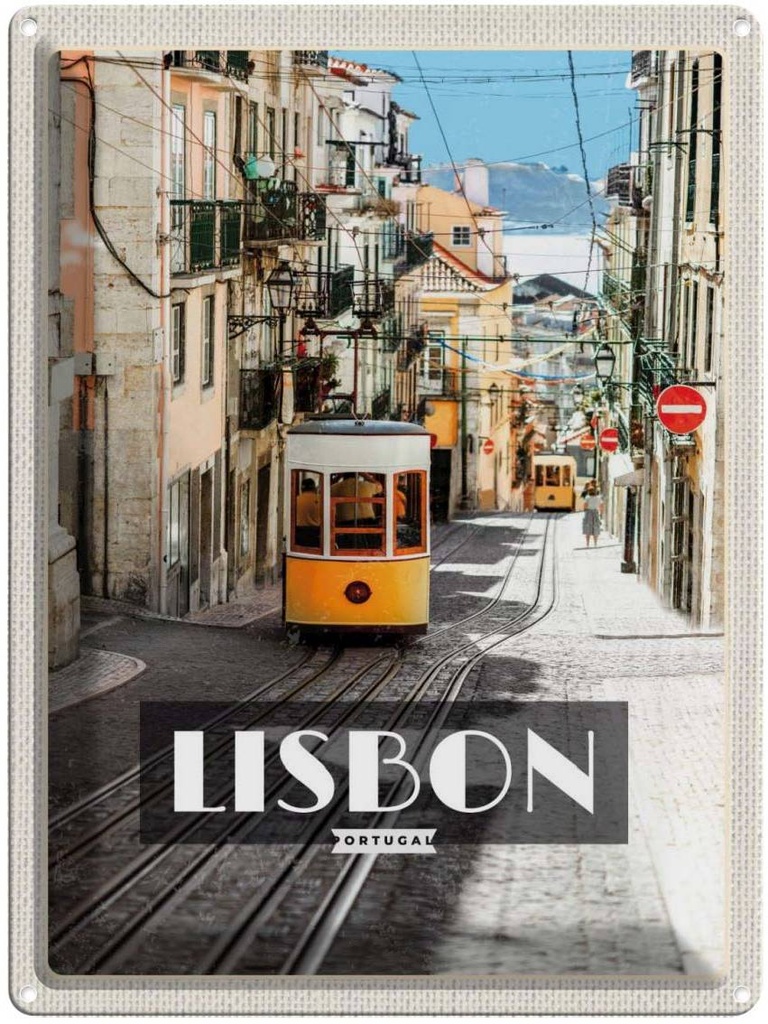 Blechschild 40x30 cm Lisbon Portugal Straßenbahn Bildmotiv Reisemotiv Abenteuer Reisen Straße Stadt Urlaub