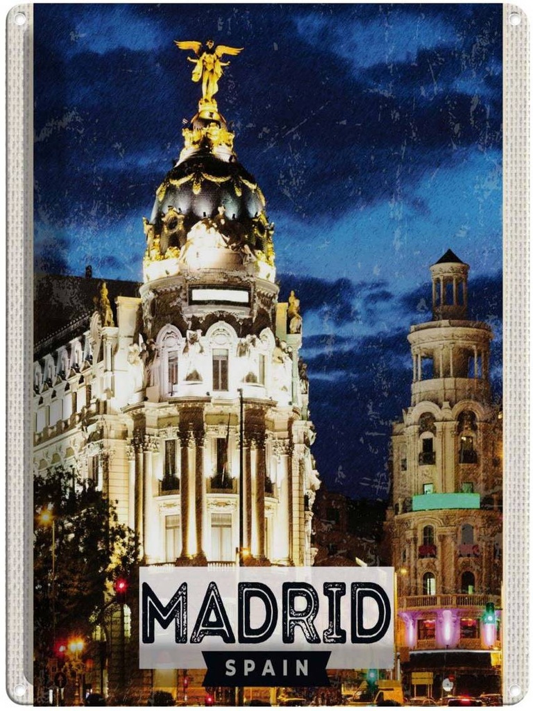Blechschild 40x30 cm Madrid Spain Urlaub Retro Nacht Poster Bildmotiv Reisemotiv Abenteuer Reisen Europa