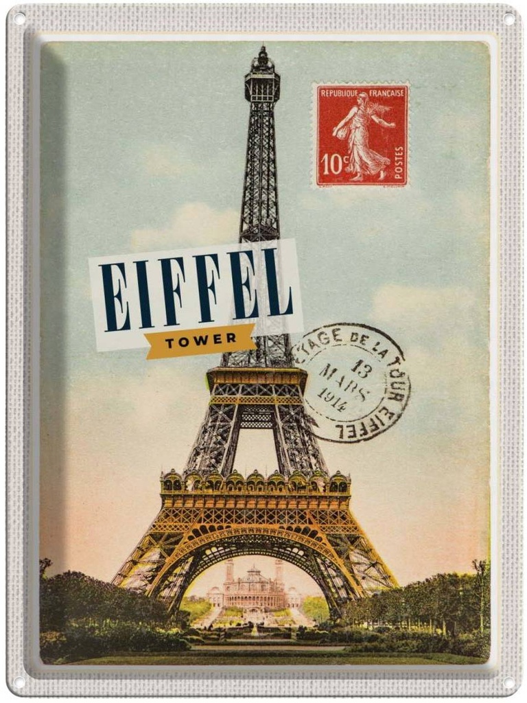 Blechschild 40x30 cm Eifell tower Reisen Europa Urlaub 13 Mars 1914 10c postes Bildmotiv Reisemotiv Abenteuer
