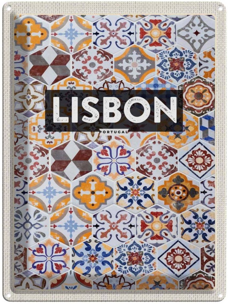 Blechschild 40x30 cm Lisbon Portugal Urlaub Mosaik Kunst Bildmotiv Reisemotiv Abenteuer Reisen Straße Stadt