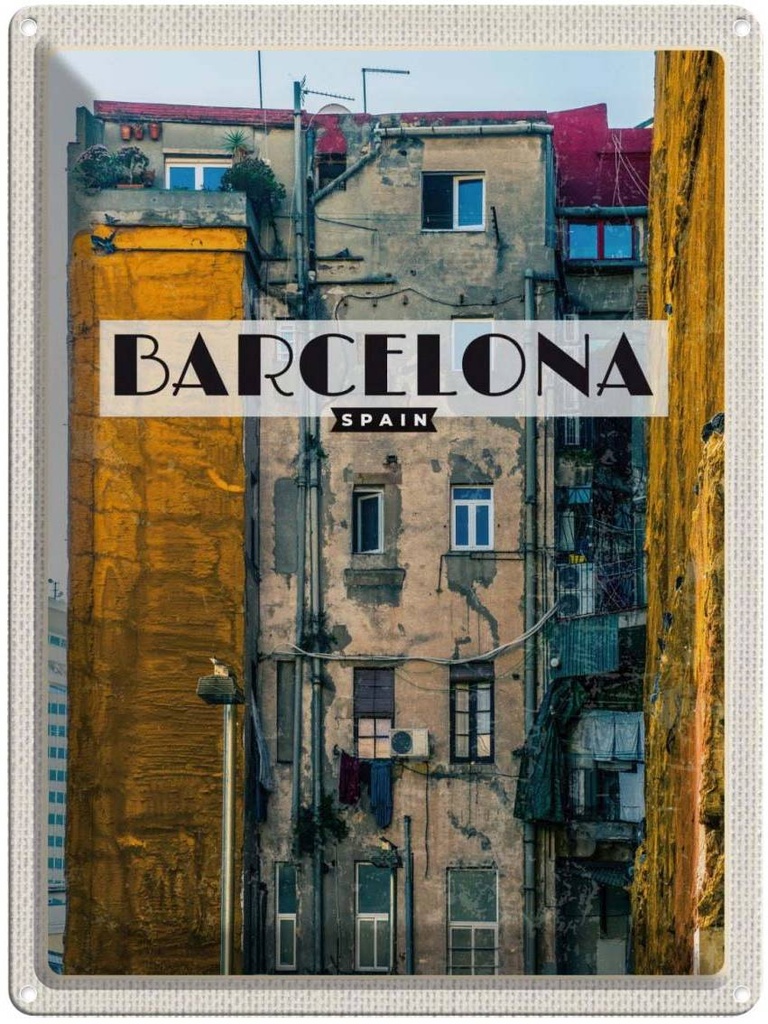 Blechschild 40x30 cm Barcelona Spain Urlaub alte Häuser Bildmotiv Reisemotiv Abenteuer Reisen Straße Stadt