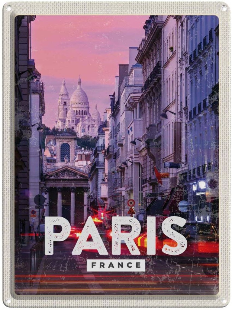 Blechschild 40x30 cm Paris Panorama Sonnenuntergang Bildmotiv Reisemotiv Abenteuer Reisen Straße Stadt Urlaub