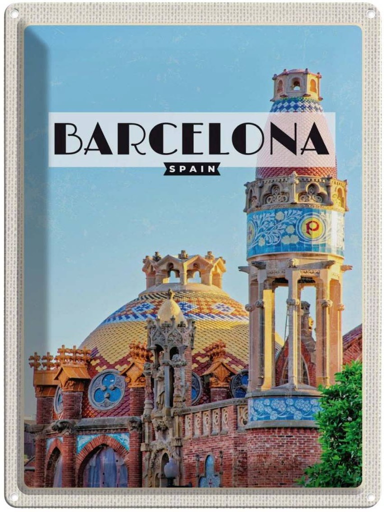 Blechschild 40x30 cm BarcelonaMosaikstil Bildmotiv Reisemotiv Abenteuer Reisen Straße Stadt Urlaub