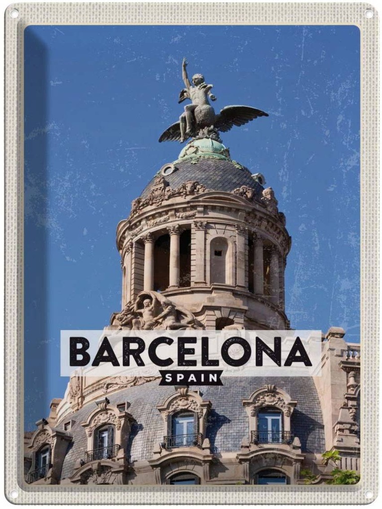 Blechschild 40x30 cm Barcelona Architektur Retro Bildmotiv Reisemotiv Abenteuer Reisen Straße Stadt Urlaub