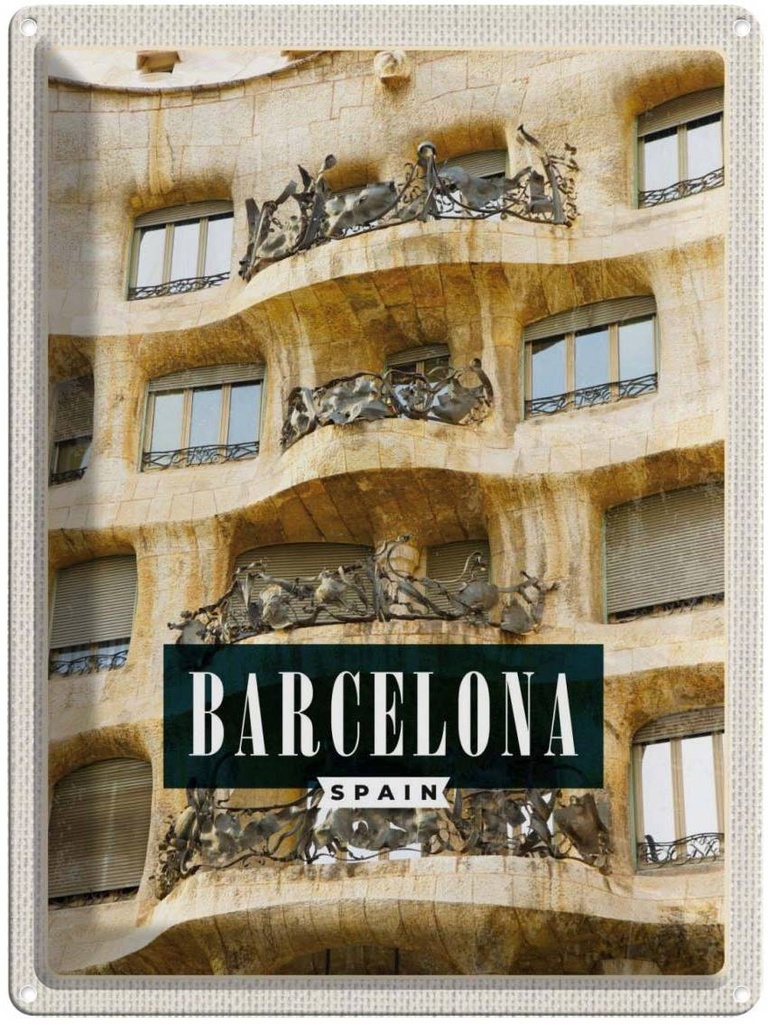 Blechschild 40x30 cm Barcelona Spanien Architeltur Bildmotiv Reisemotiv Abenteuer Reisen Straße Stadt Urlaub