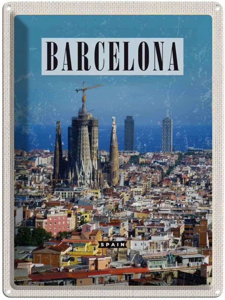 Blechschild 40x30 cm Barcelona Spanien Blick auf Stadt Bildmotiv Reisemotiv Abenteuer Reisen Urlaub