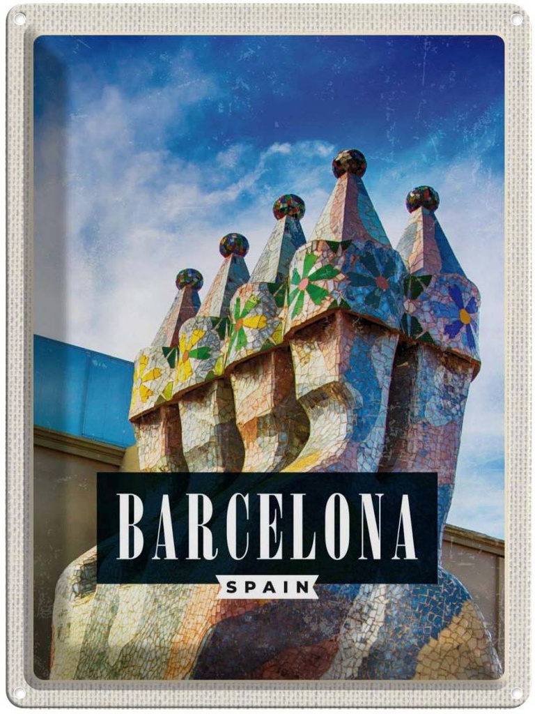 Blechschild 40x30 cm Barcelona Spanien Urlaub Park Guell Bildmotiv Reisemotiv Abenteuer Reisen Straße Stadt