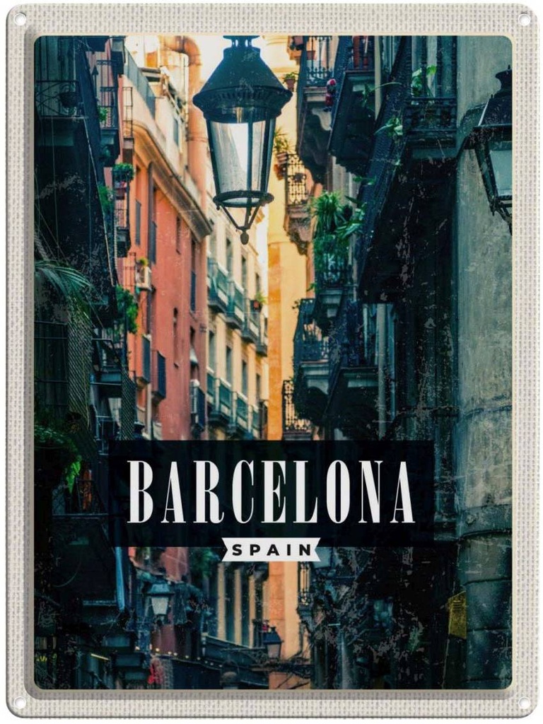 Blechschild 40x30 cm Barcelona Spanien Gasse Panorama Bildmotiv Reisemotiv Abenteuer Reisen Urlaub