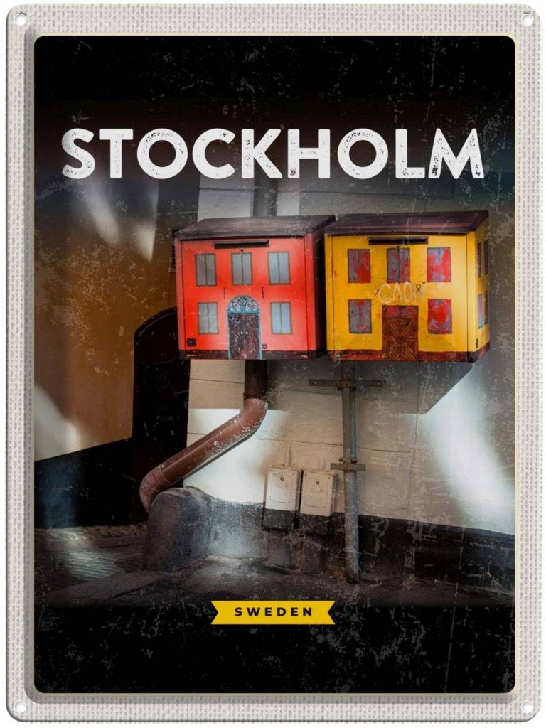 Blechschild 40x30 cm Stockholm Schweden Urlaub Haus Kunst Bildmotiv Reisemotiv Abenteuer Reisen Straße Stadt