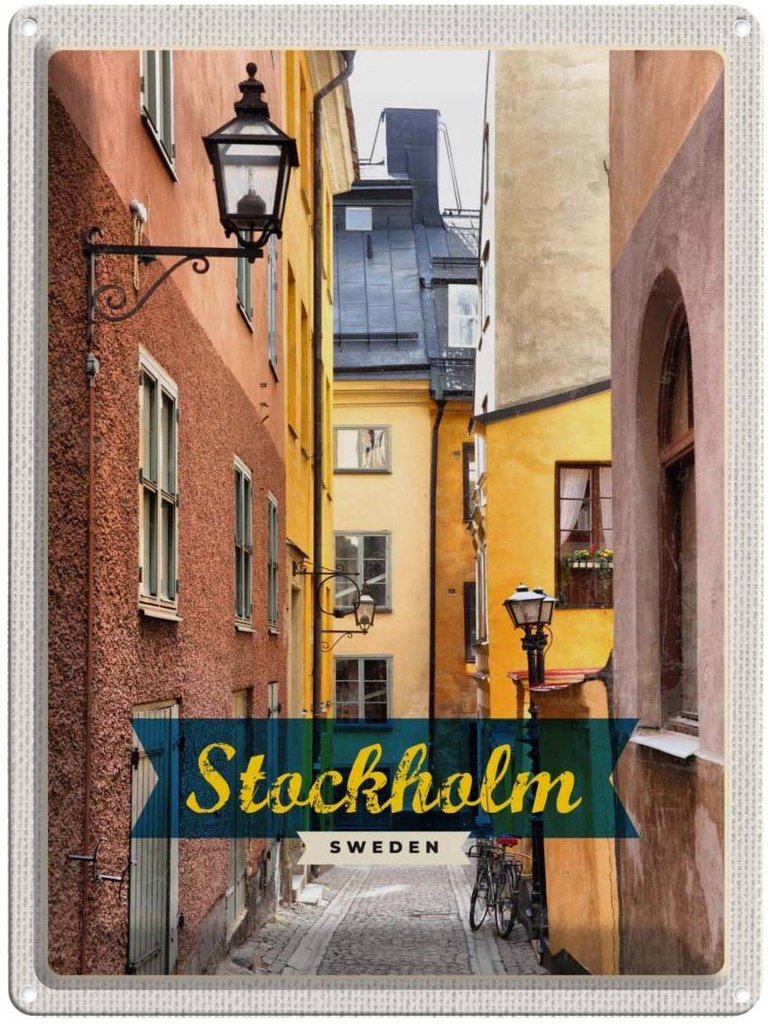 Blechschild 40x30 cm Stockholm Schweden Altstadt Gasse Bildmotiv Reisemotiv Abenteuer Reisen Europa Urlaub