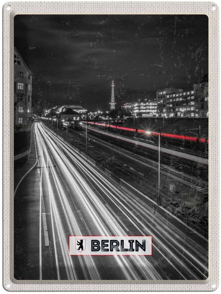 Blechschild 40x30 cm Berlin Deutschland Urlaub Bahn Nacht Bildmotiv Reisemotiv Abenteuer Reisen Straße Stadt