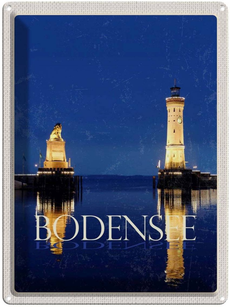 Blechschild 40x30 cm Bodensee Deutschland Leuchttutm Nacht Bildmotiv Reisemotiv Abenteuer Reisen Urlaub