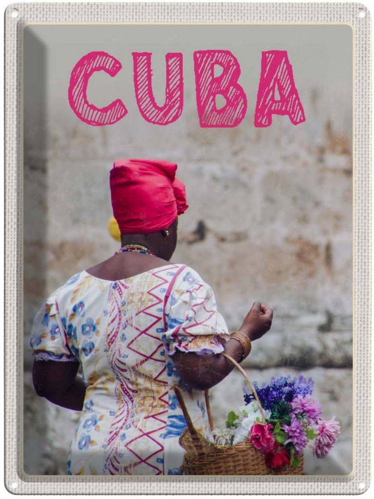 Blechschild 40x30 cm Cuba Karibik Urlaub Frau Korb mit Blumen Bildmotiv Reisemotiv Abenteuer Reisen