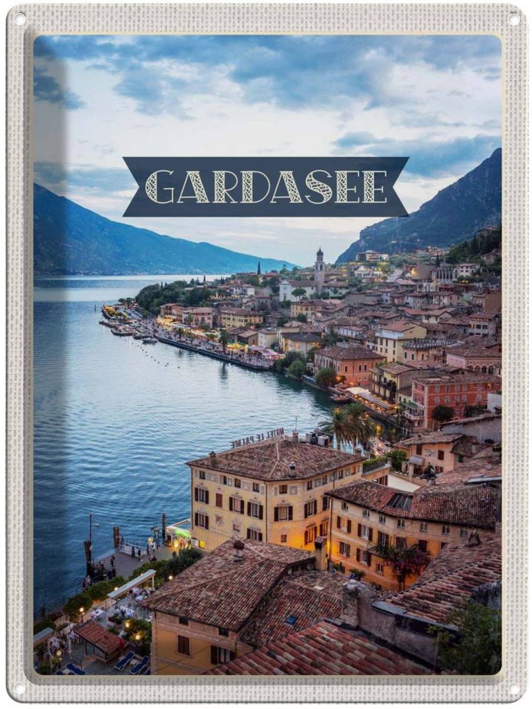 Blechschild 40x30 cm Gardasee Italien Urlaub Aussicht Stadt See Bildmotiv Reisemotiv Abenteuer Reisen Europa